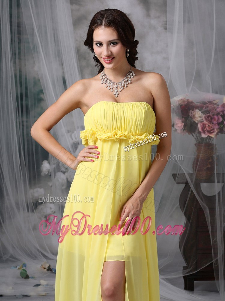 Flowers and Ruches Decorate High-low Chiffon Prom Gown in Light Yellow