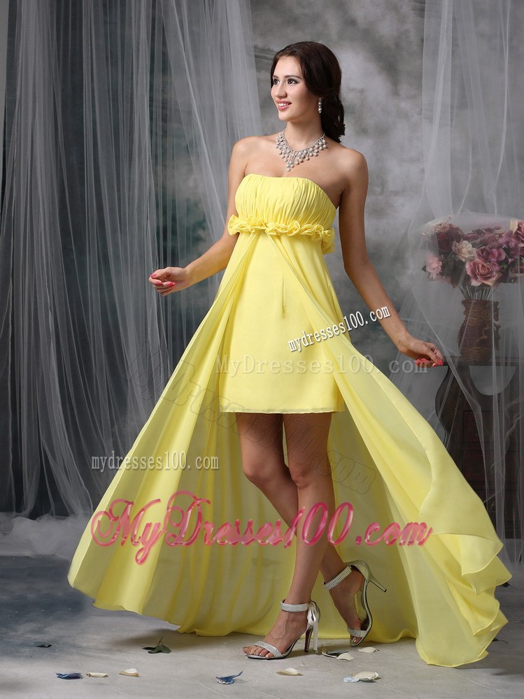 Flowers and Ruches Decorate High-low Chiffon Prom Gown in Light Yellow