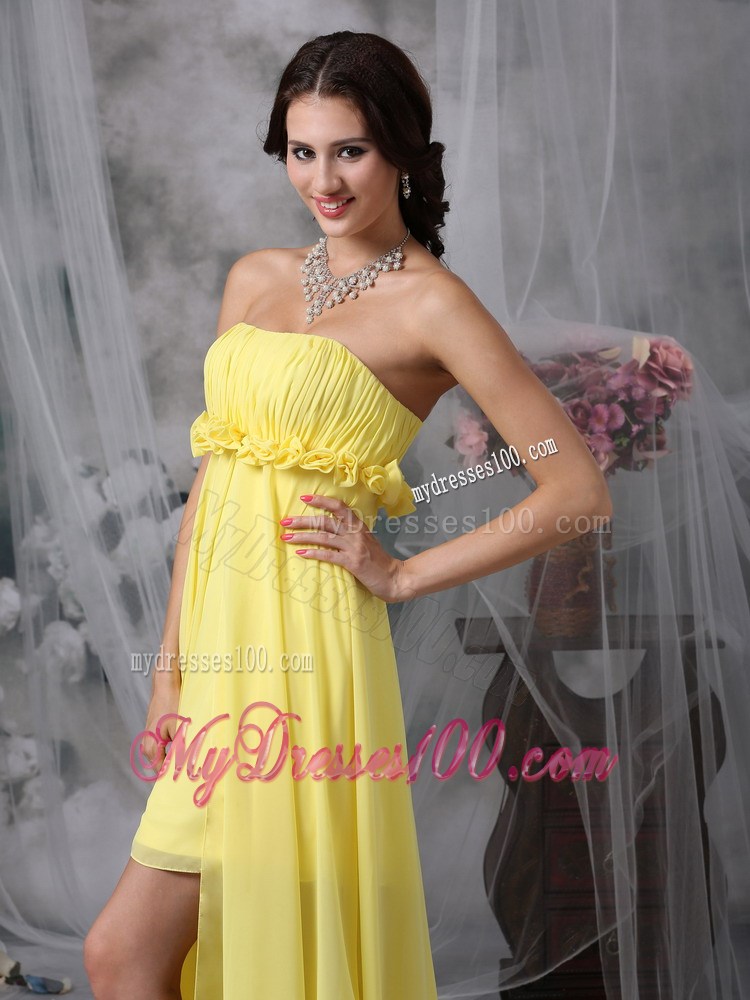 Flowers and Ruches Decorate High-low Chiffon Prom Gown in Light Yellow
