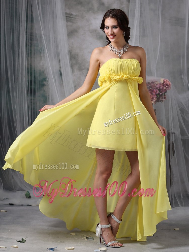 Flowers and Ruches Decorate High-low Chiffon Prom Gown in Light Yellow