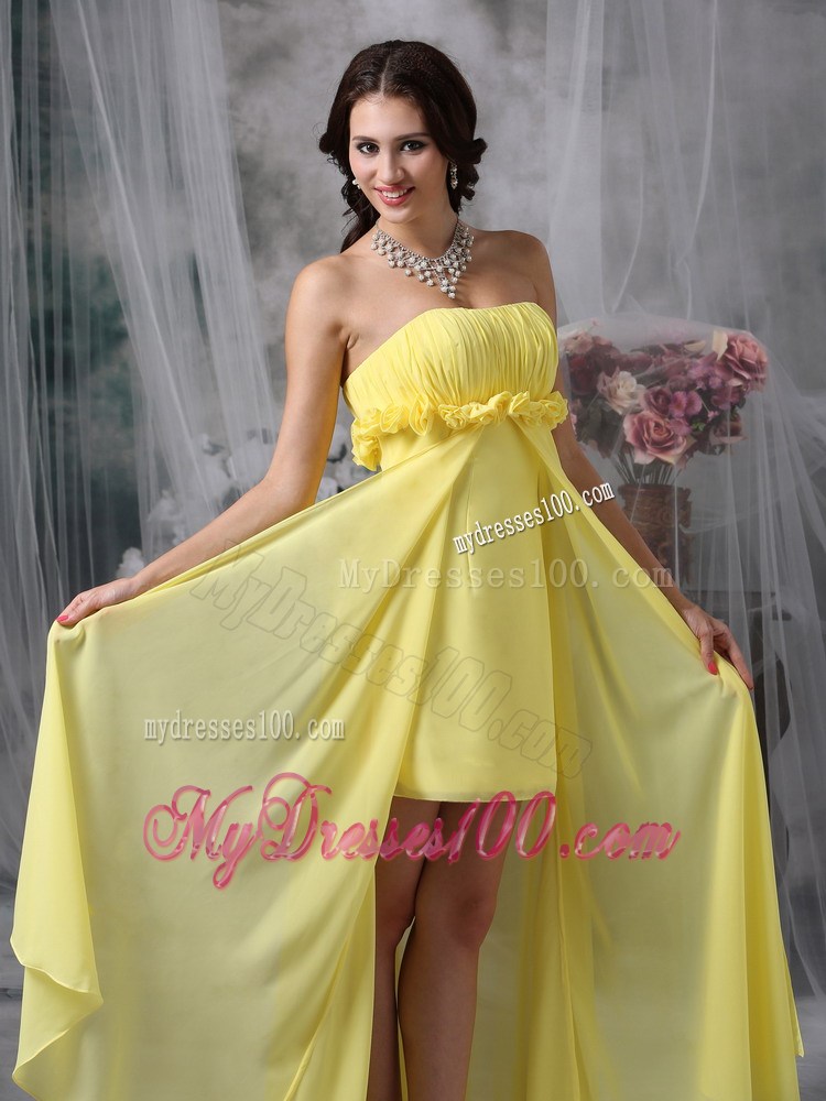 Flowers and Ruches Decorate High-low Chiffon Prom Gown in Light Yellow