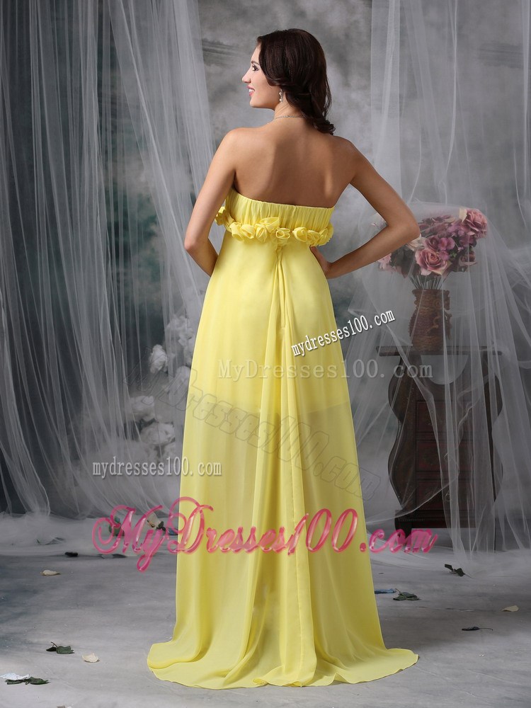 Flowers and Ruches Decorate High-low Chiffon Prom Gown in Light Yellow