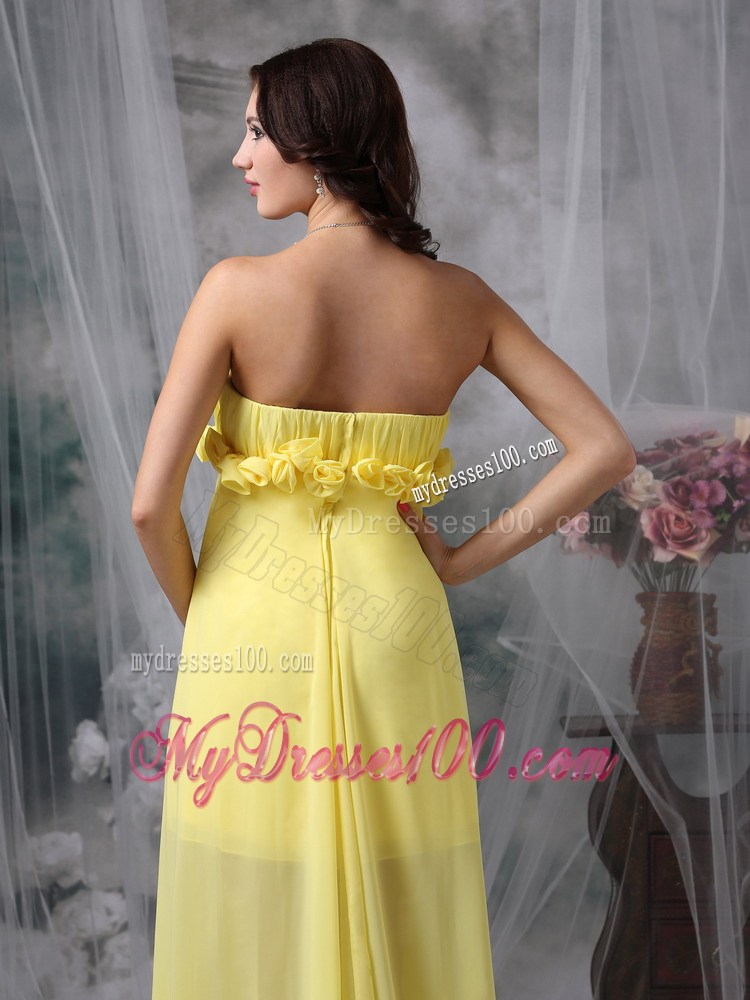 Flowers and Ruches Decorate High-low Chiffon Prom Gown in Light Yellow
