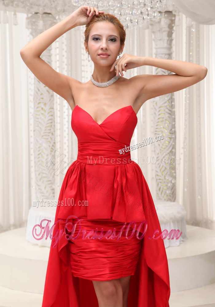 Ruches and Ruffles Accent Rd Taffeta High-low Prom Gown of Brush Train
