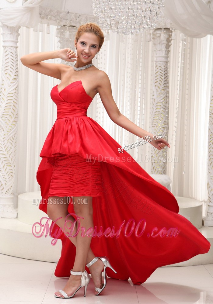 Ruches and Ruffles Accent Rd Taffeta High-low Prom Gown of Brush Train