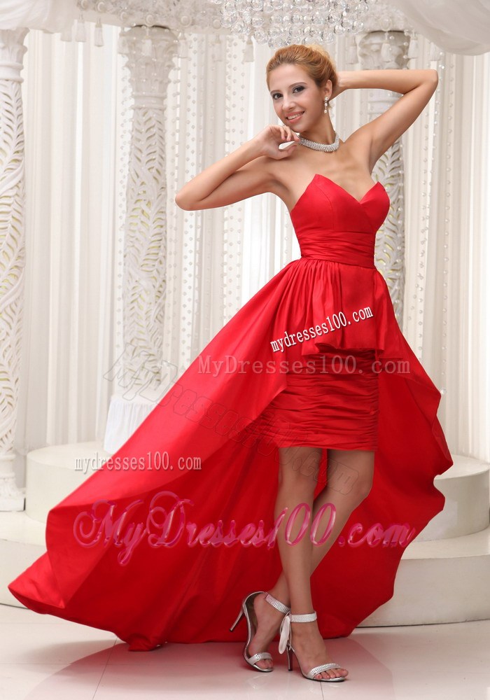 Ruches and Ruffles Accent Rd Taffeta High-low Prom Gown of Brush Train
