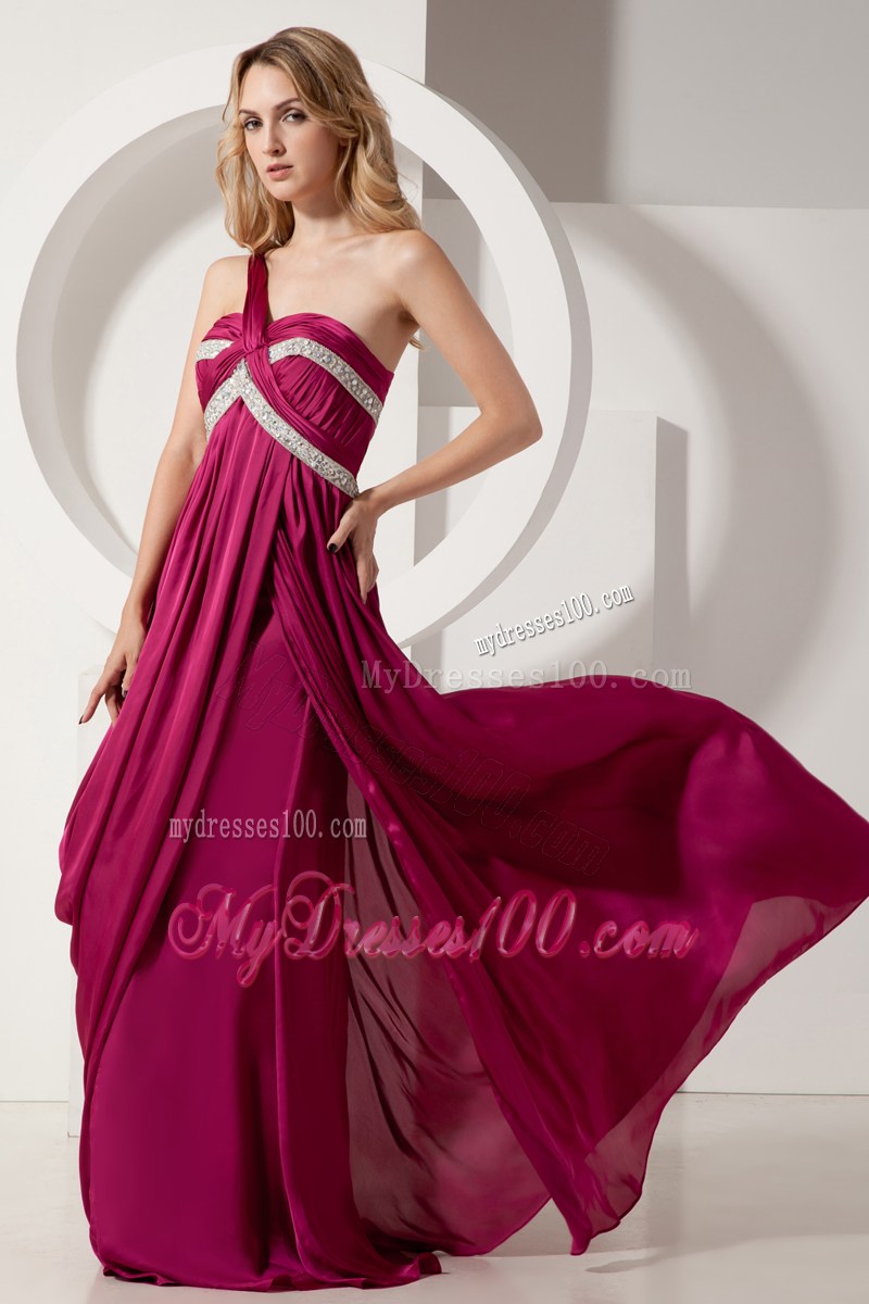 Beading and Pick-ups Accent Floor-length Fuchsia Prom Gown of one Shoulder