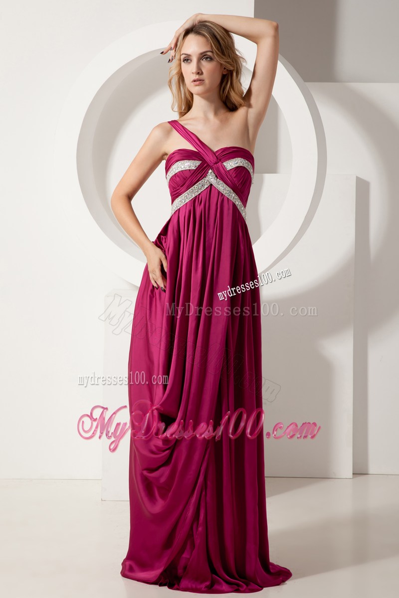 Beading and Pick-ups Accent Floor-length Fuchsia Prom Gown of one Shoulder