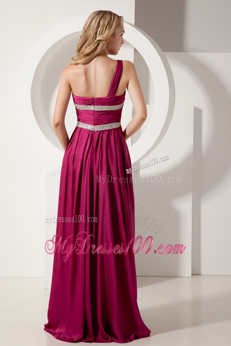 Beading and Pick-ups Accent Floor-length Fuchsia Prom Gown of one Shoulder
