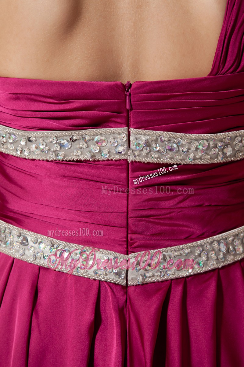 Beading and Pick-ups Accent Floor-length Fuchsia Prom Gown of one Shoulder