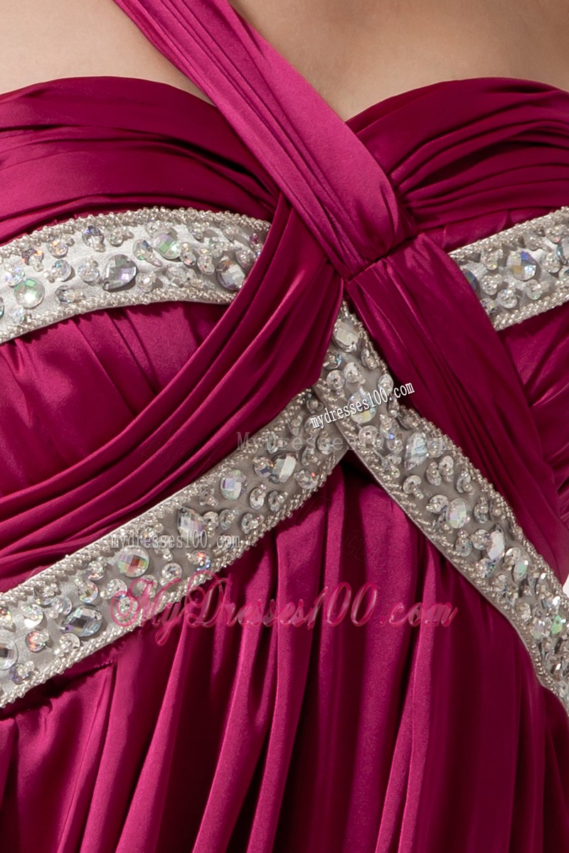 Beading and Pick-ups Accent Floor-length Fuchsia Prom Gown of one Shoulder