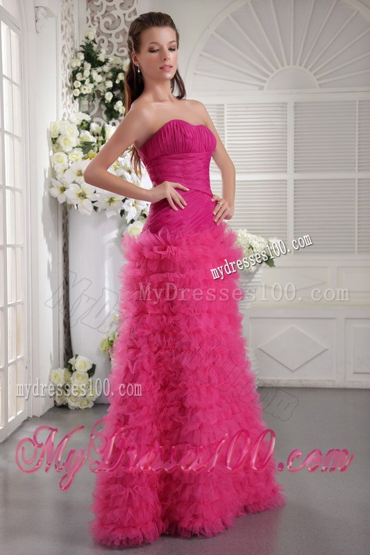 Ruched Fuchsia Sweetheart Floor-length Dresses for Prom with Small Ruffles