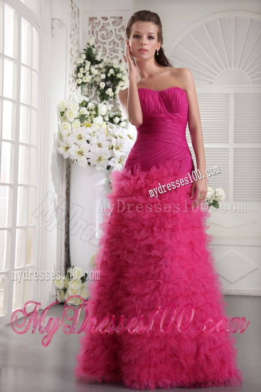 Ruched Fuchsia Sweetheart Floor-length Dresses for Prom with Small Ruffles