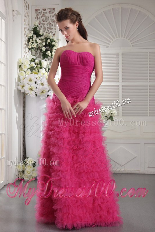 Ruched Fuchsia Sweetheart Floor-length Dresses for Prom with Small Ruffles