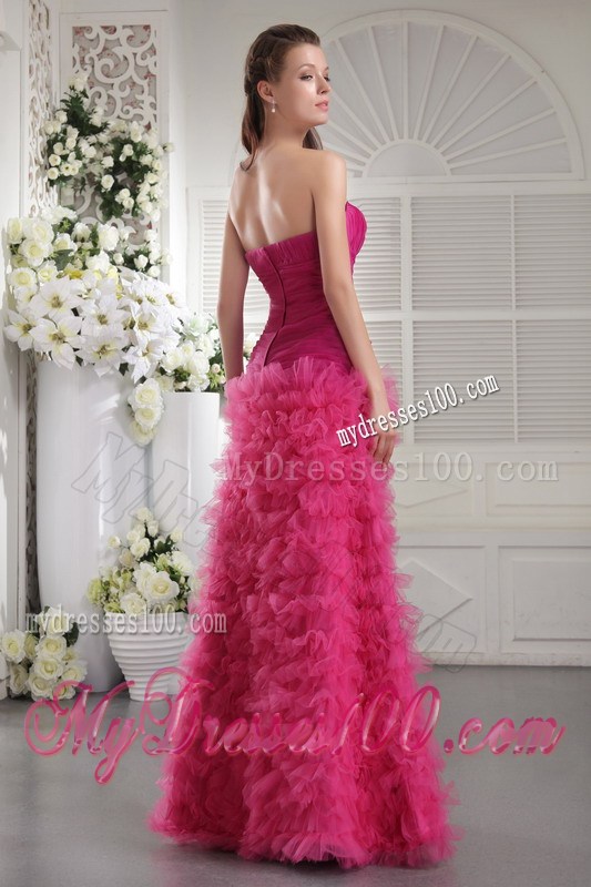 Ruched Fuchsia Sweetheart Floor-length Dresses for Prom with Small Ruffles