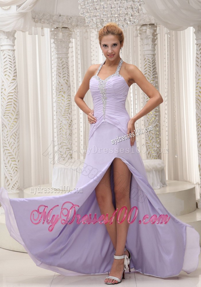 Halter Lace-up Beaded and Ruched Lilac Chiffon Prom Gowns with High Slit