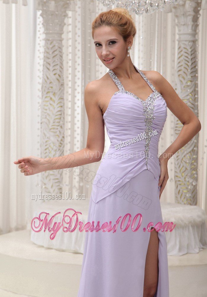 Halter Lace-up Beaded and Ruched Lilac Chiffon Prom Gowns with High Slit