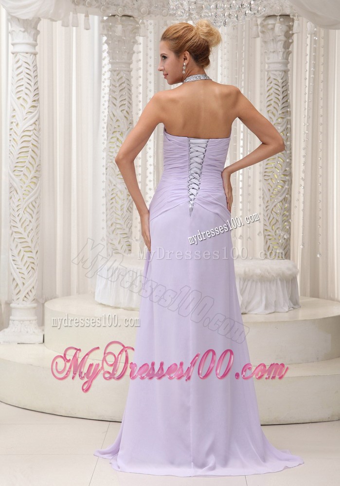 Halter Lace-up Beaded and Ruched Lilac Chiffon Prom Gowns with High Slit