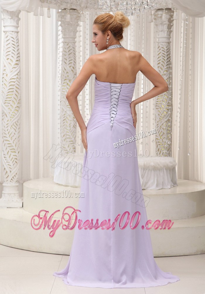 Halter Lace-up Beaded and Ruched Lilac Chiffon Prom Gowns with High Slit