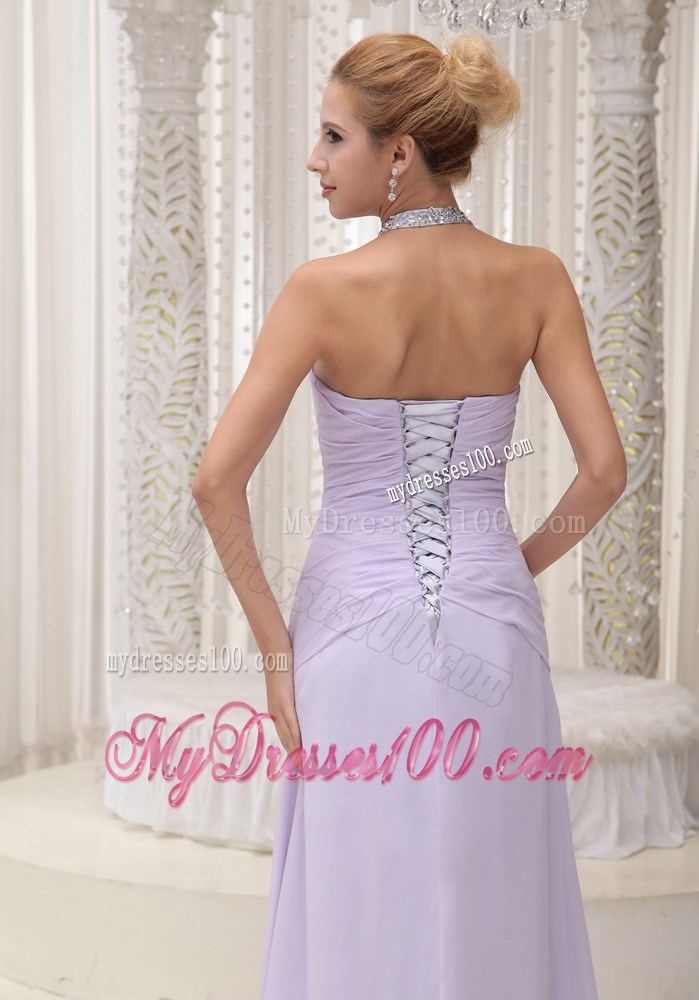 Halter Lace-up Beaded and Ruched Lilac Chiffon Prom Gowns with High Slit