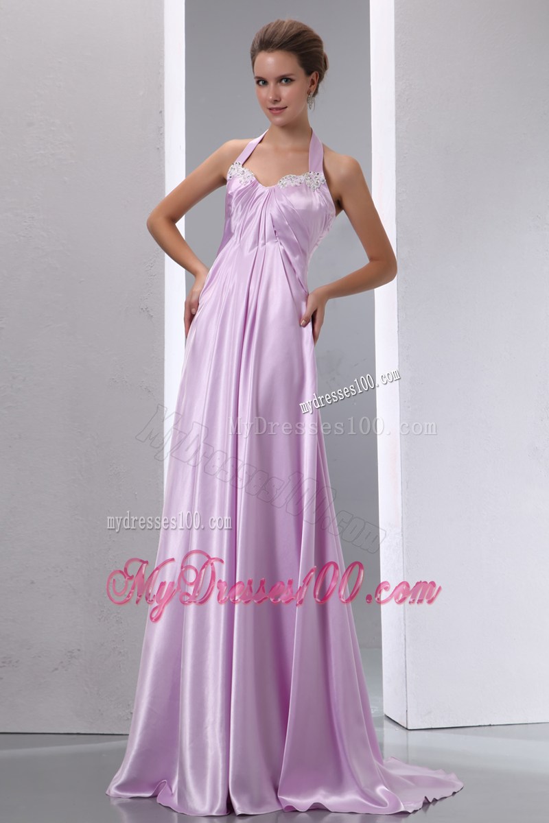 Halter Beaded Appliques Brush Train Lavender Dresses for Prom with Ruches