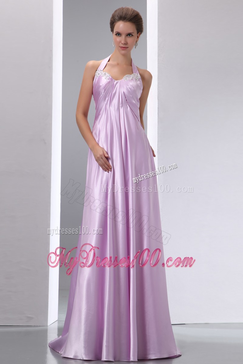 Halter Beaded Appliques Brush Train Lavender Dresses for Prom with Ruches