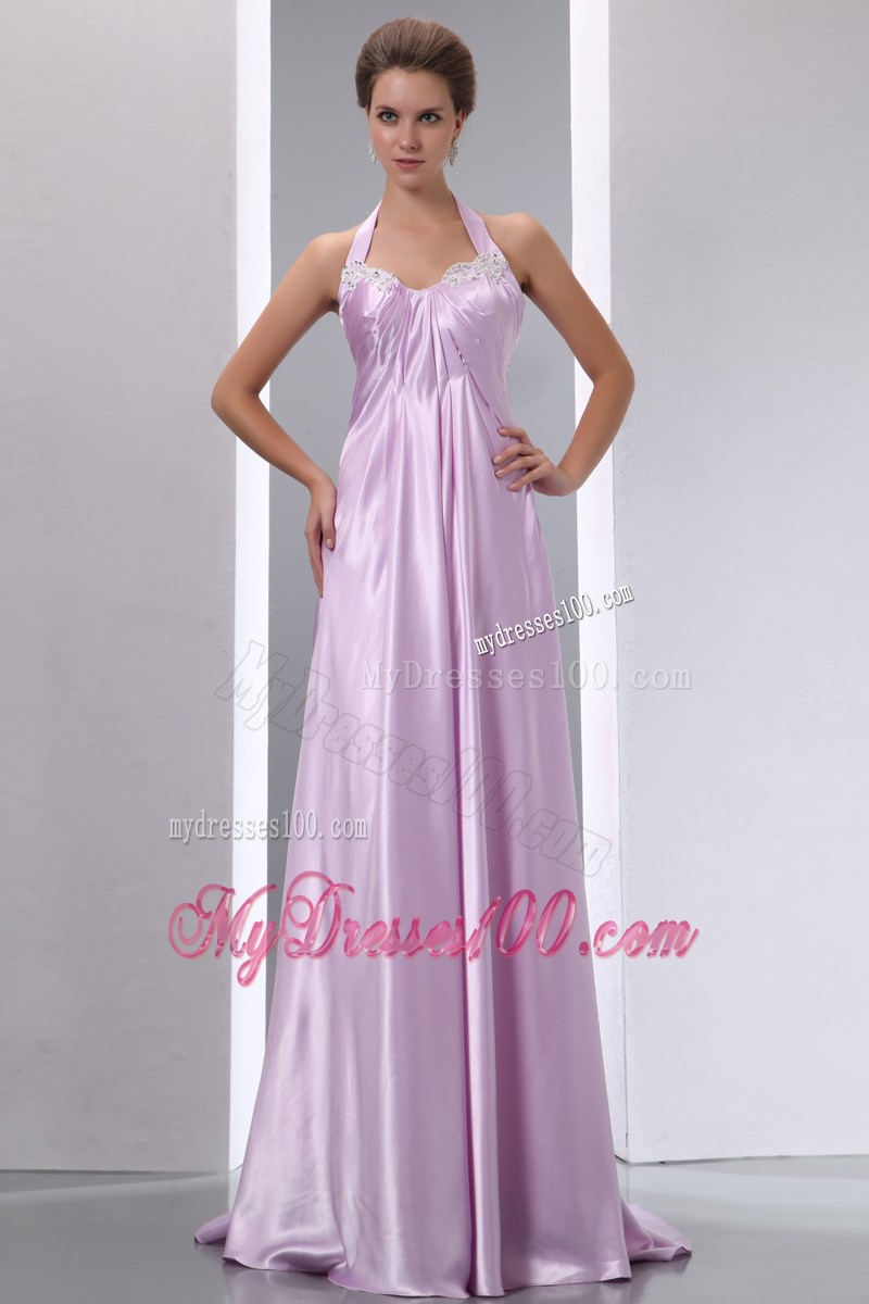 Halter Beaded Appliques Brush Train Lavender Dresses for Prom with Ruches