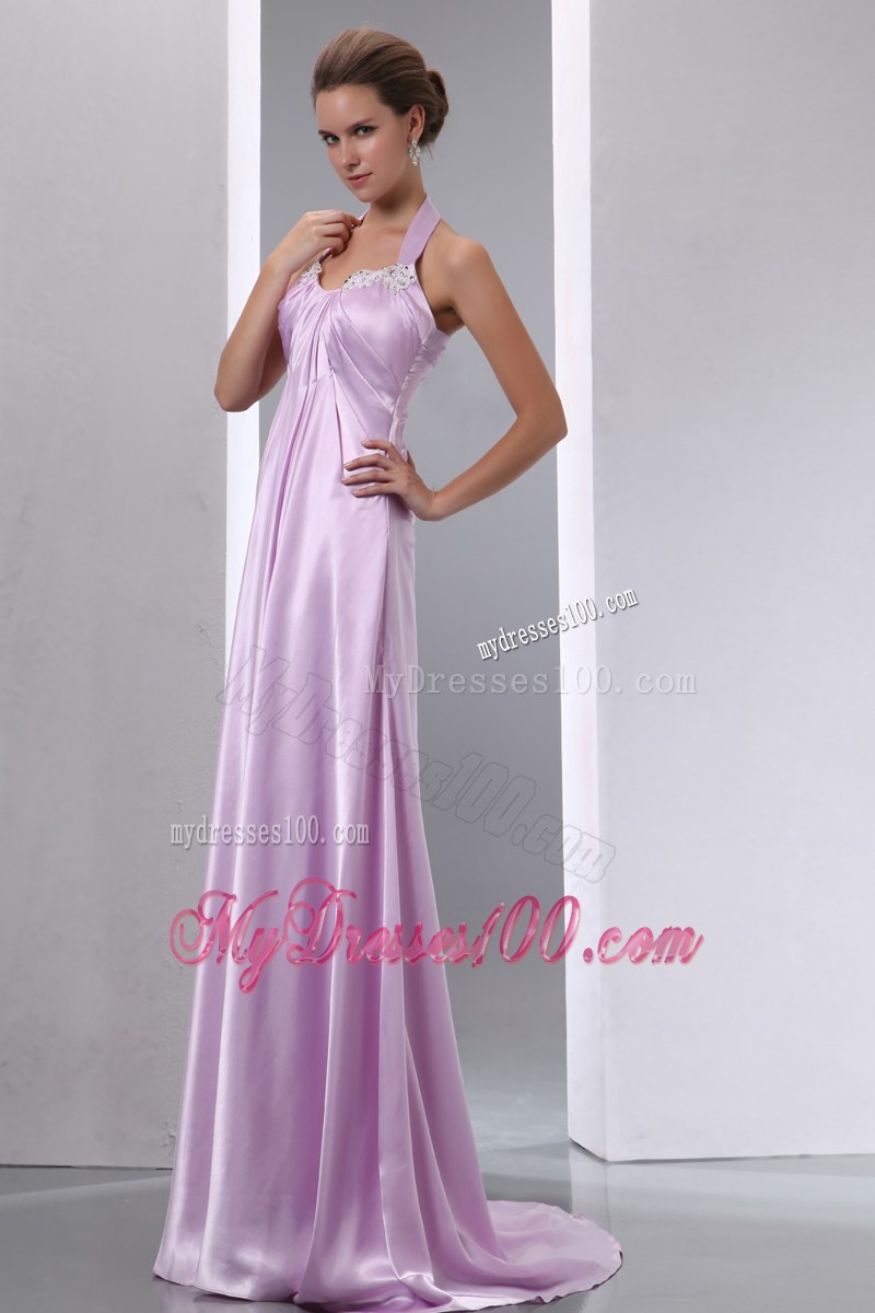 Halter Beaded Appliques Brush Train Lavender Dresses for Prom with Ruches