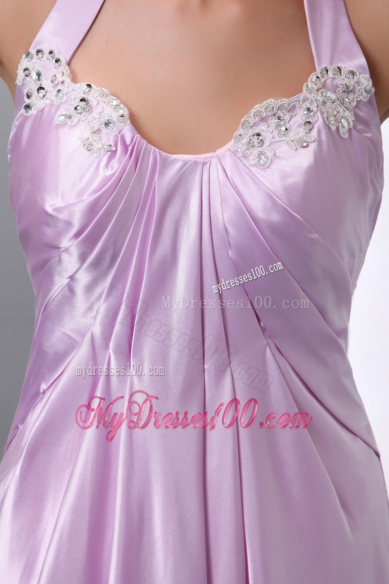 Halter Beaded Appliques Brush Train Lavender Dresses for Prom with Ruches