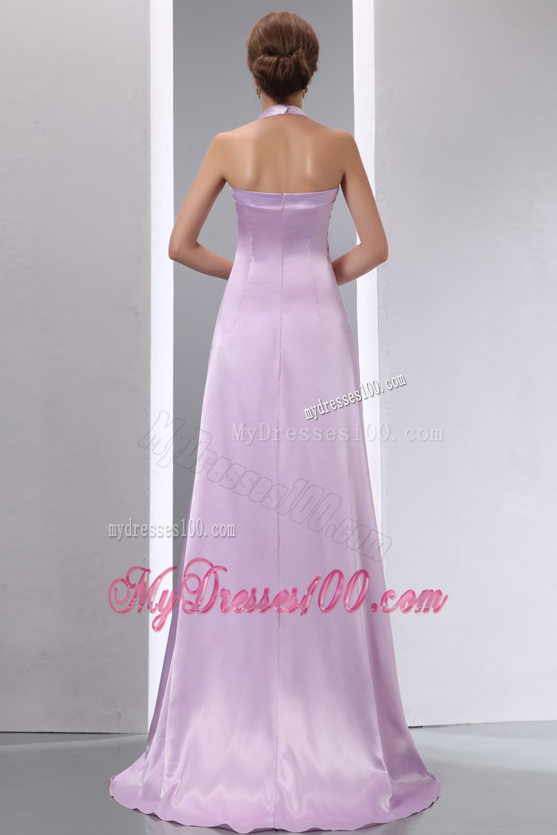 Halter Beaded Appliques Brush Train Lavender Dresses for Prom with Ruches