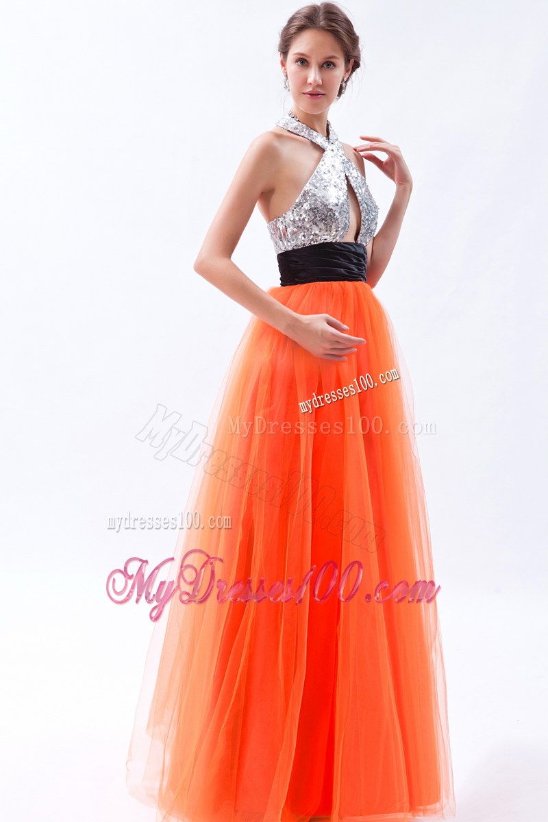 Halter Orange Empire Sequins Prom Dresses with Cutout and Black Sash