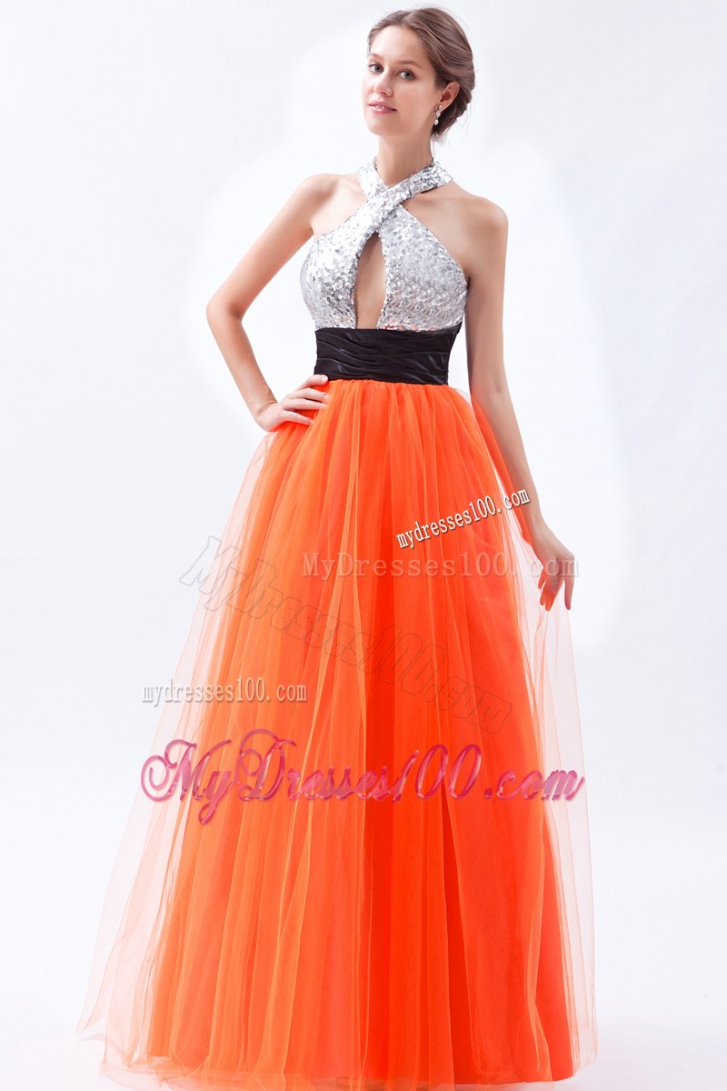 Halter Orange Empire Sequins Prom Dresses with Cutout and Black Sash