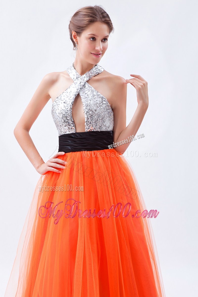 Halter Orange Empire Sequins Prom Dresses with Cutout and Black Sash
