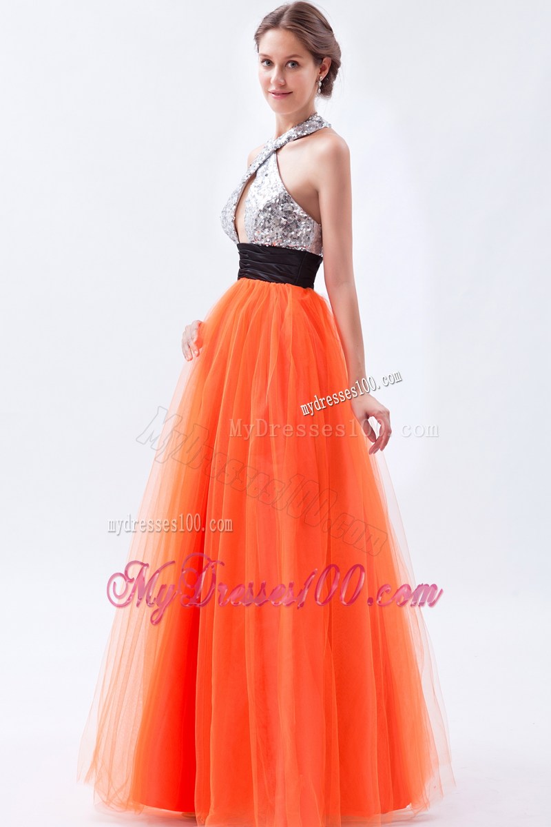 Halter Orange Empire Sequins Prom Dresses with Cutout and Black Sash