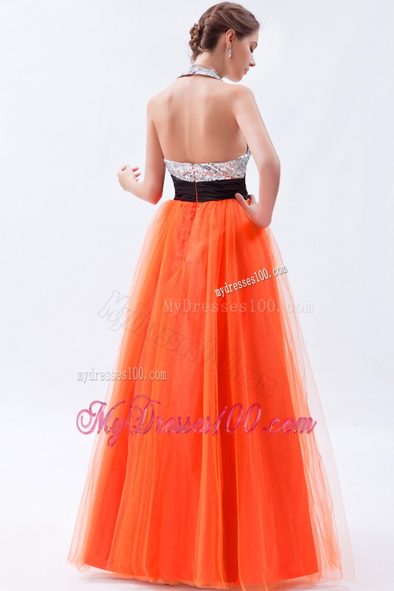 Halter Orange Empire Sequins Prom Dresses with Cutout and Black Sash