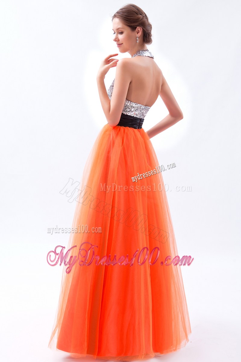 Halter Orange Empire Sequins Prom Dresses with Cutout and Black Sash