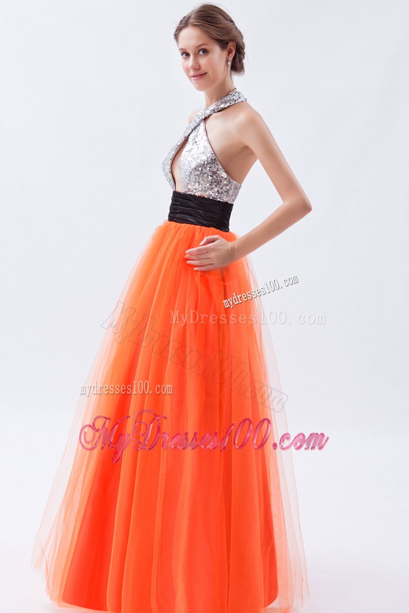 Halter Orange Empire Sequins Prom Dresses with Cutout and Black Sash