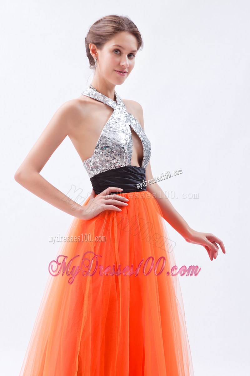 Halter Orange Empire Sequins Prom Dresses with Cutout and Black Sash