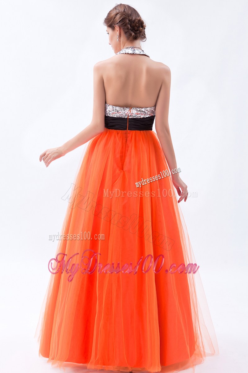 Halter Orange Empire Sequins Prom Dresses with Cutout and Black Sash
