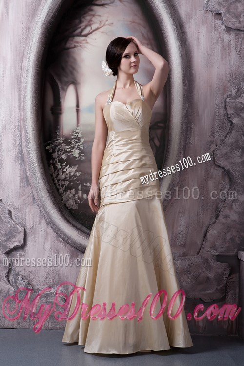 Halter Champagne Floor-length Ruched Taffeta Prom Gowns of Empire Style