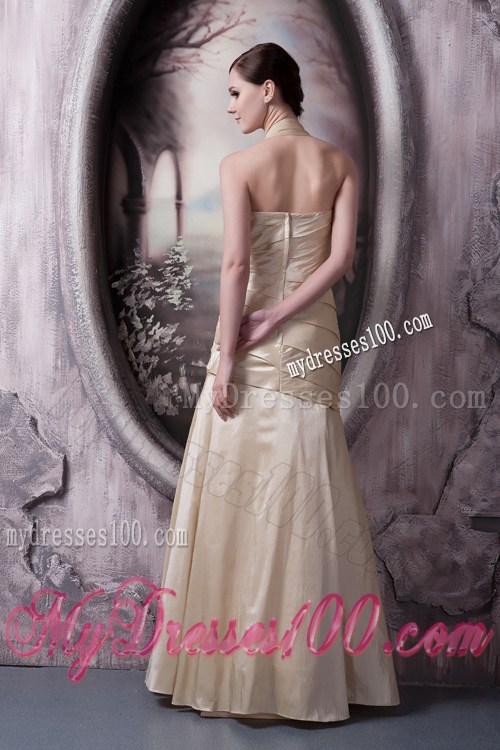 Halter Champagne Floor-length Ruched Taffeta Prom Gowns of Empire Style
