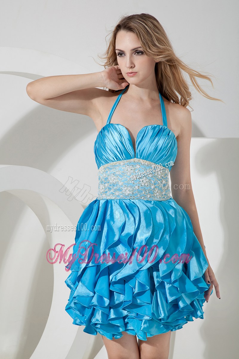 Halter Lace Accent Dresses for Prom with Ruches and Layers in Baby Blue