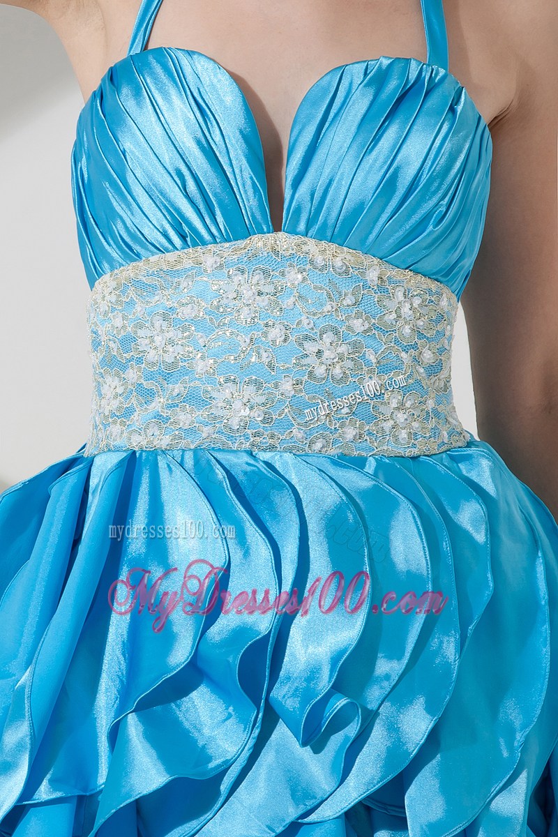 Halter Lace Accent Dresses for Prom with Ruches and Layers in Baby Blue