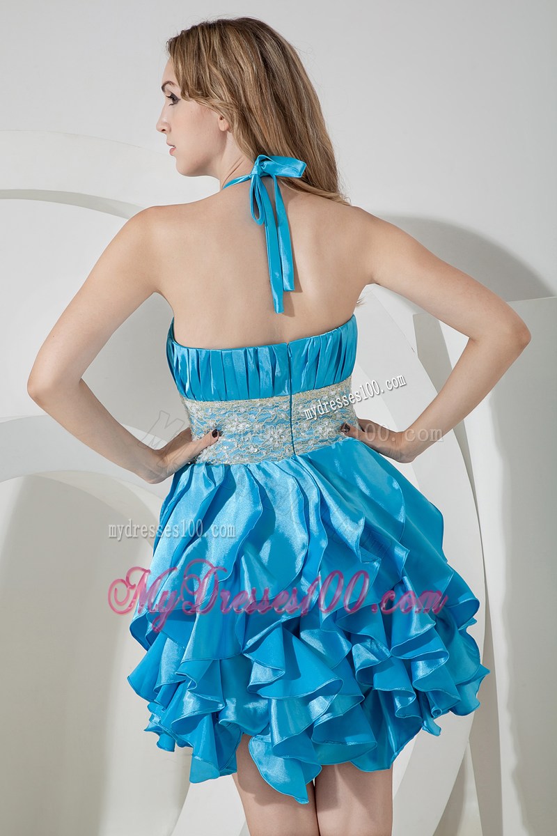 Halter Lace Accent Dresses for Prom with Ruches and Layers in Baby Blue