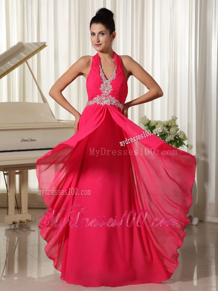 Halter V-neck Appliques Accent Prom Gown with Ruffles and Ruches in Coral Red