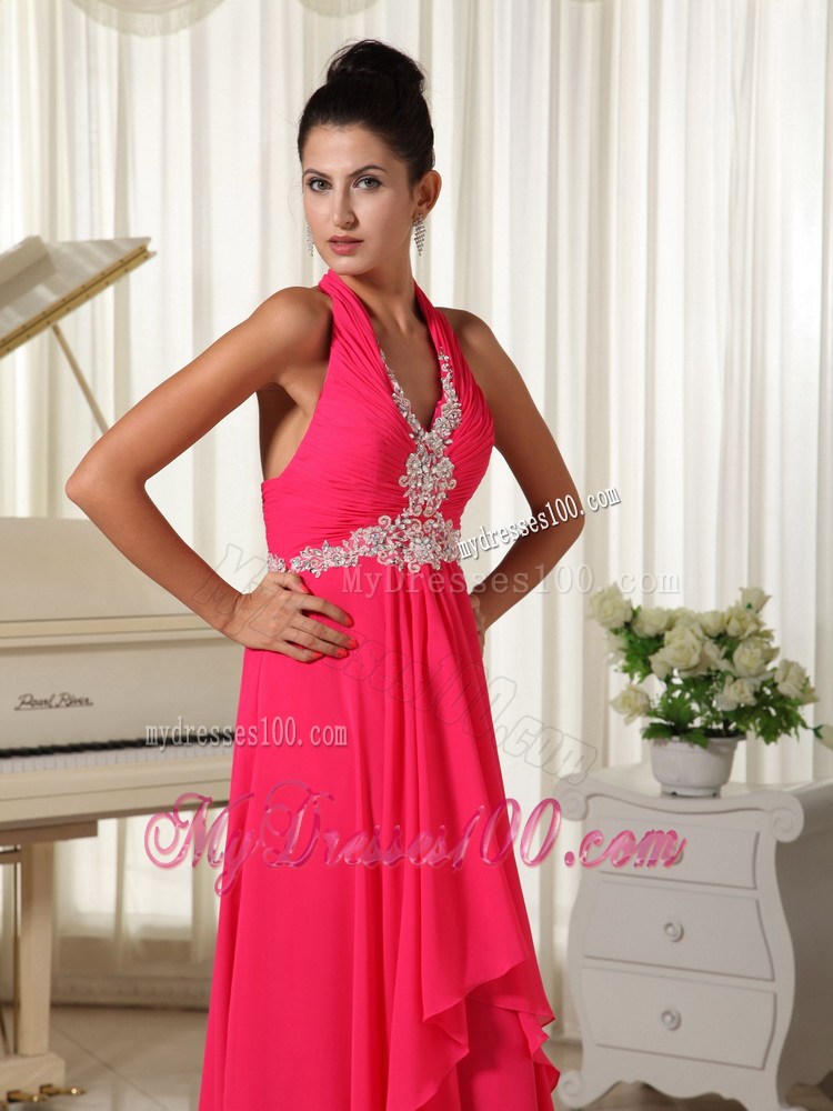 Halter V-neck Appliques Accent Prom Gown with Ruffles and Ruches in Coral Red
