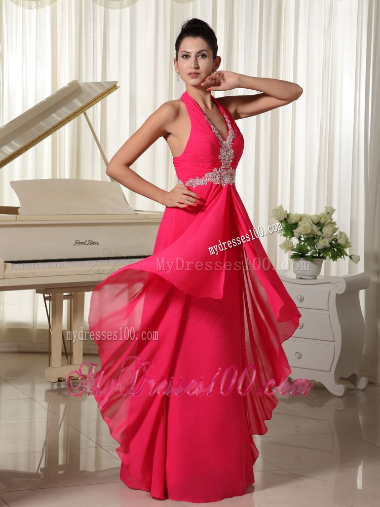 Halter V-neck Appliques Accent Prom Gown with Ruffles and Ruches in Coral Red