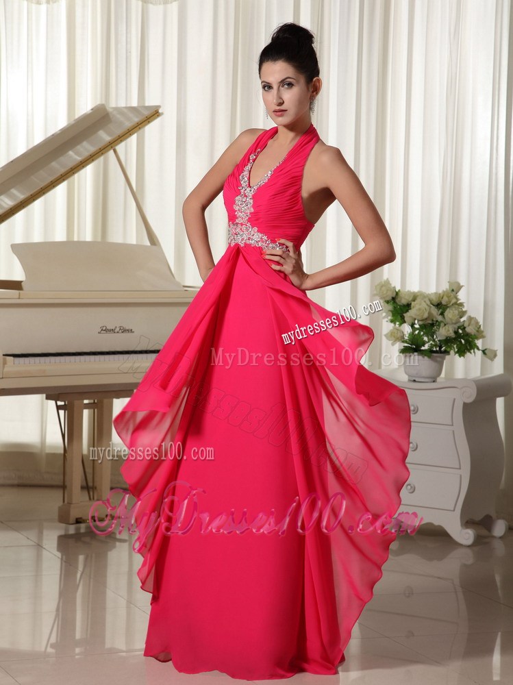 Halter V-neck Appliques Accent Prom Gown with Ruffles and Ruches in Coral Red