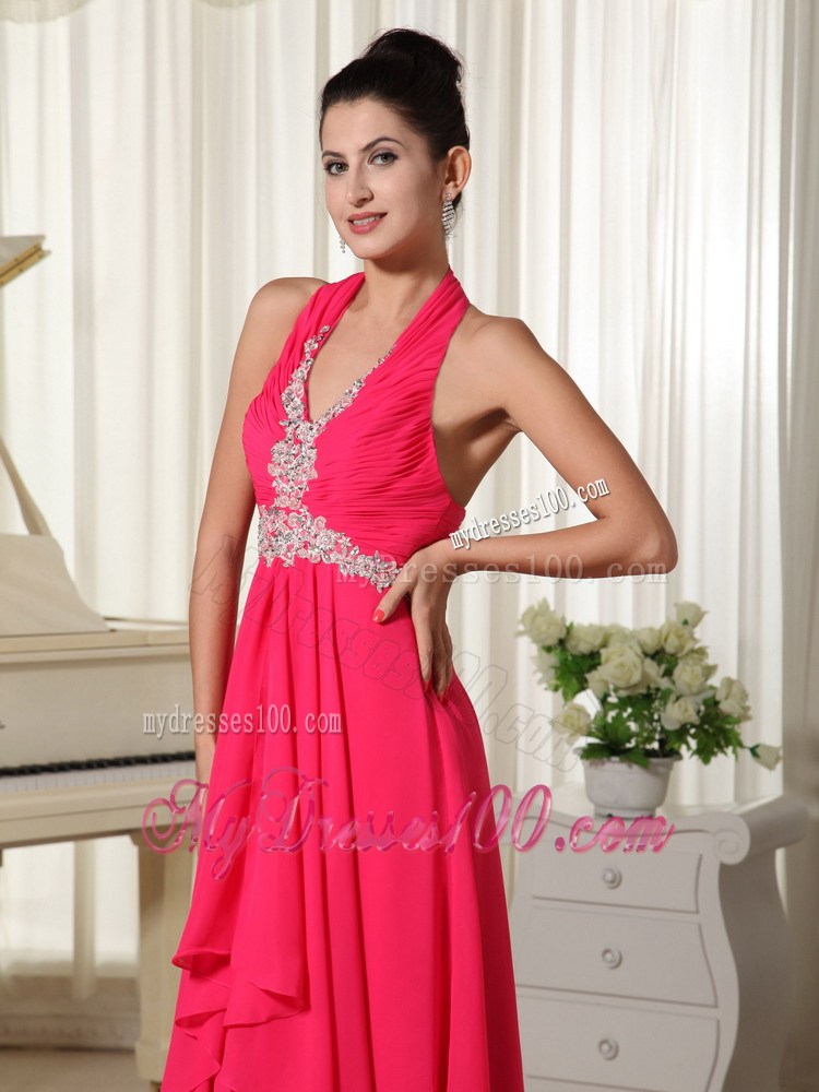 Halter V-neck Appliques Accent Prom Gown with Ruffles and Ruches in Coral Red
