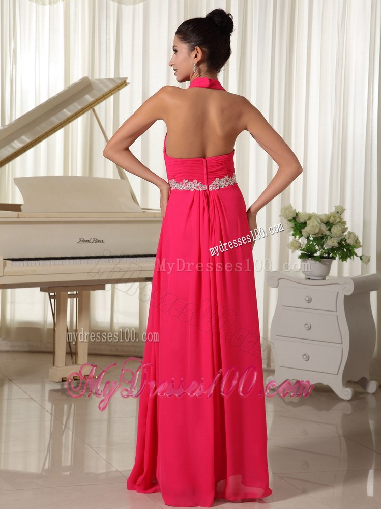 Halter V-neck Appliques Accent Prom Gown with Ruffles and Ruches in Coral Red